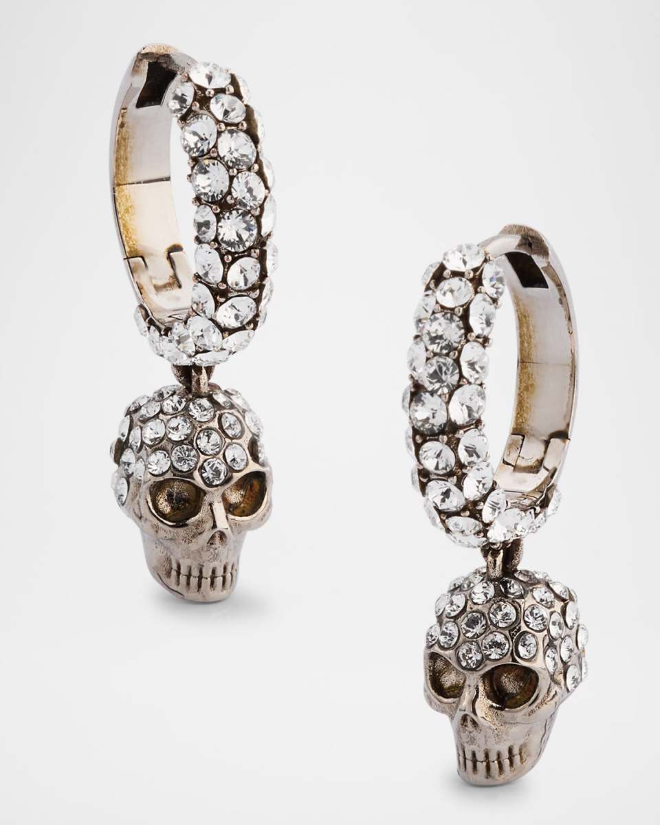 Pave Skull Hoop Earrings, Silver